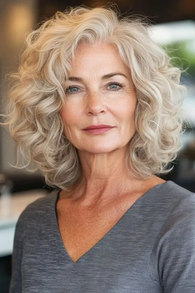 Medium curls glowing under candlelight.