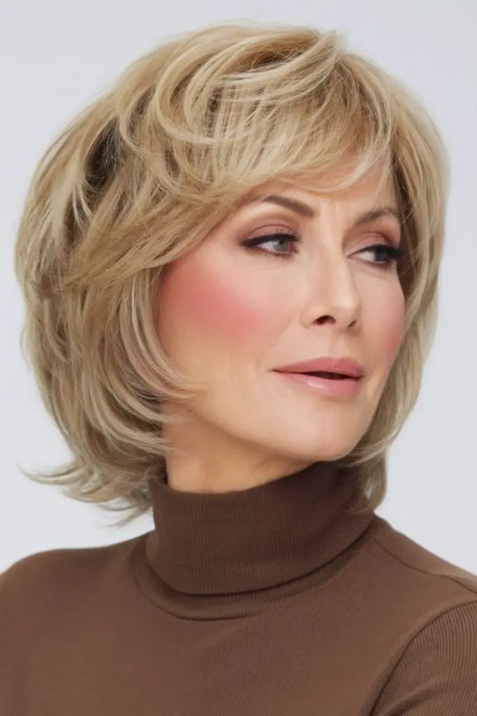 Caramel chin bob with straight bangs.