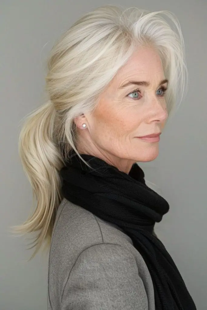 Low ponytail with teased crown lift.