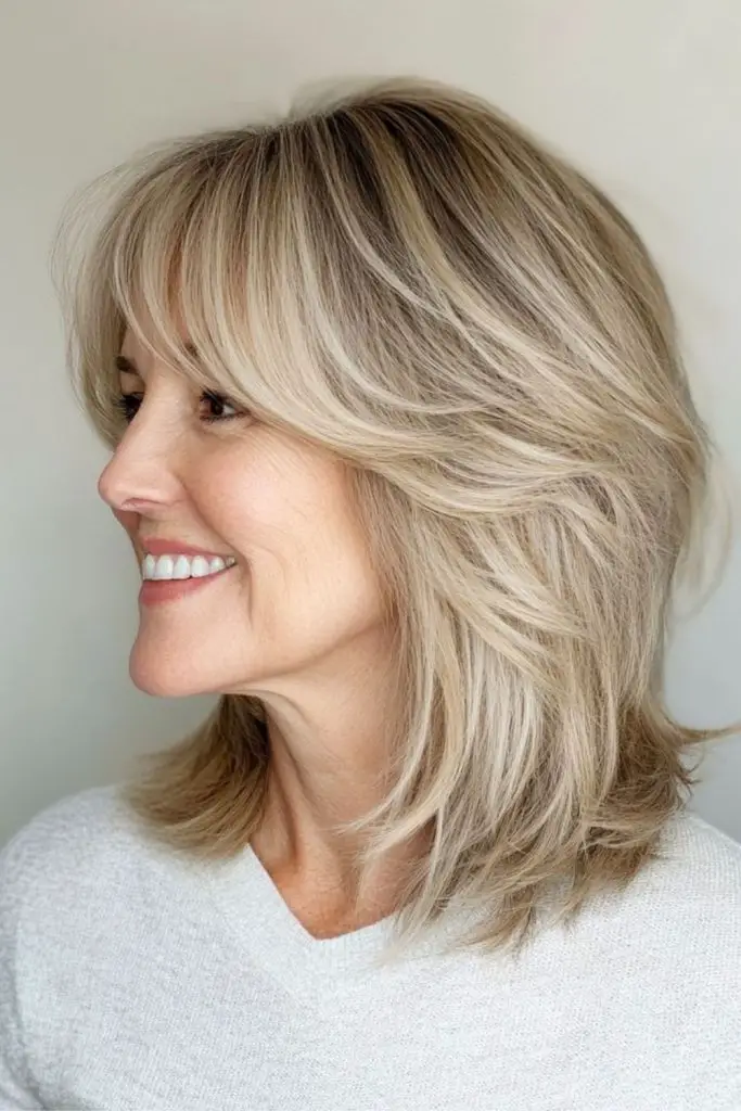 Champagne crop hairstyle with fluffy bangs.