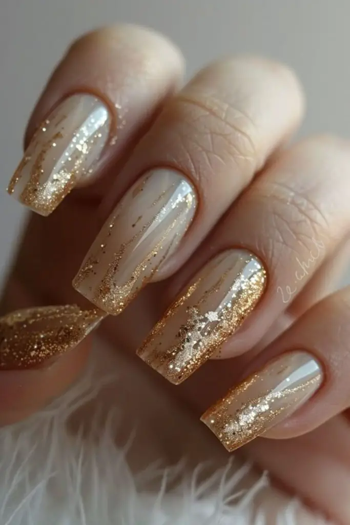 Champagne shimmer elegant bridal nail design.