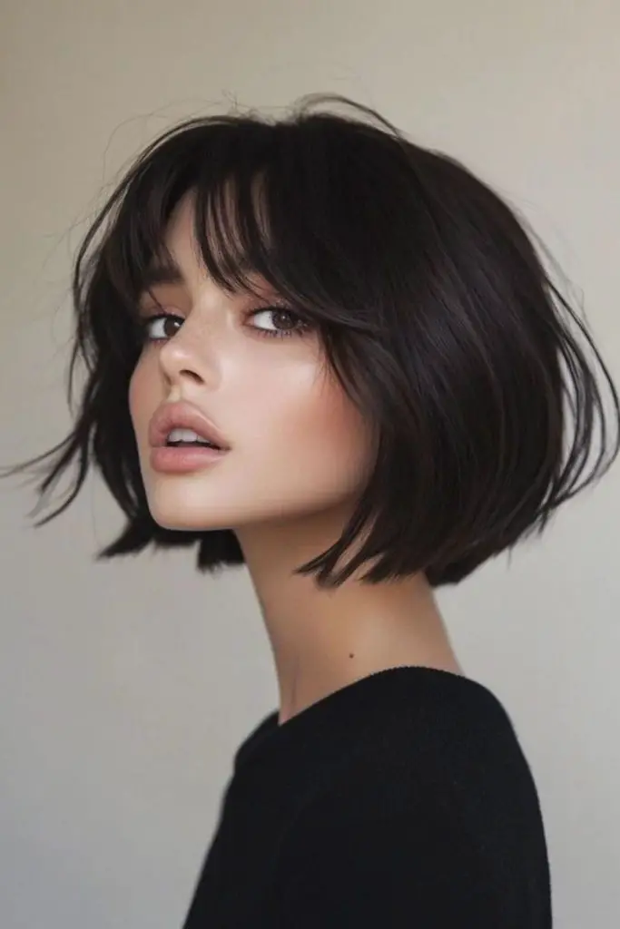 Dark straight bob with glassy finish.
