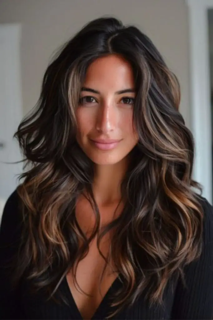 Charred dark caramel blended balayage style