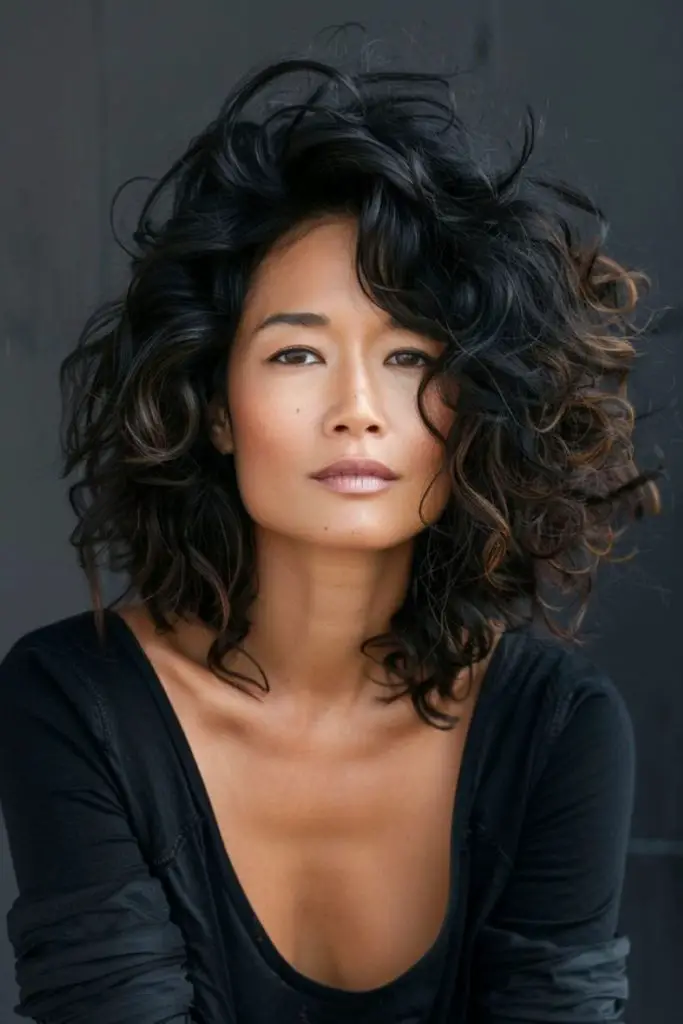 Long bob with shiny tight curls