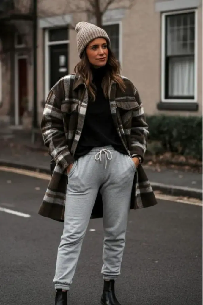 Plaid jacket with fitted joggers.