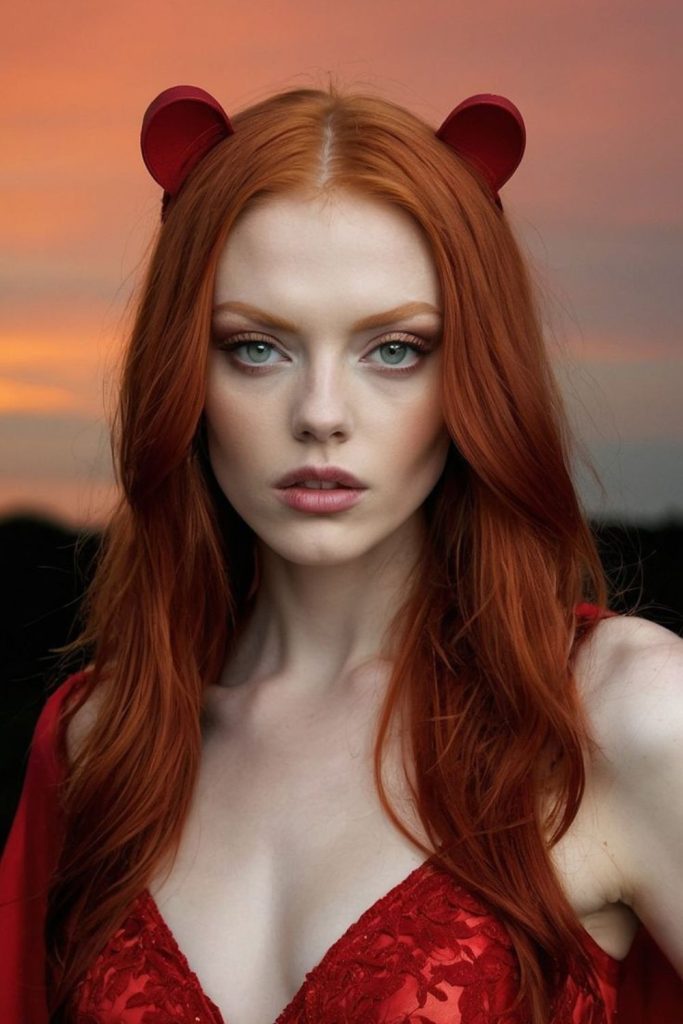 Haunted fire-eater with scarlet strands.