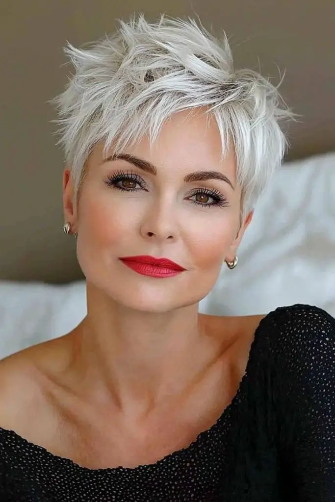 Feathered pixie cut with soft bangs.