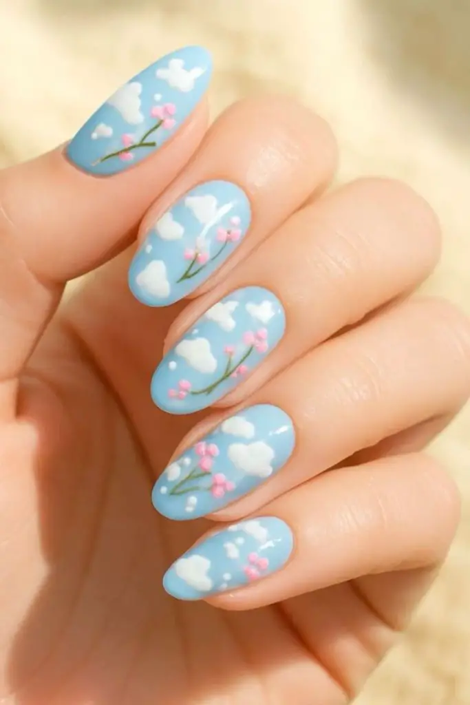 Cloudy cotton sky blue manicure.