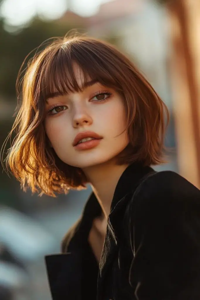 Warm brown bob with flicked ends.