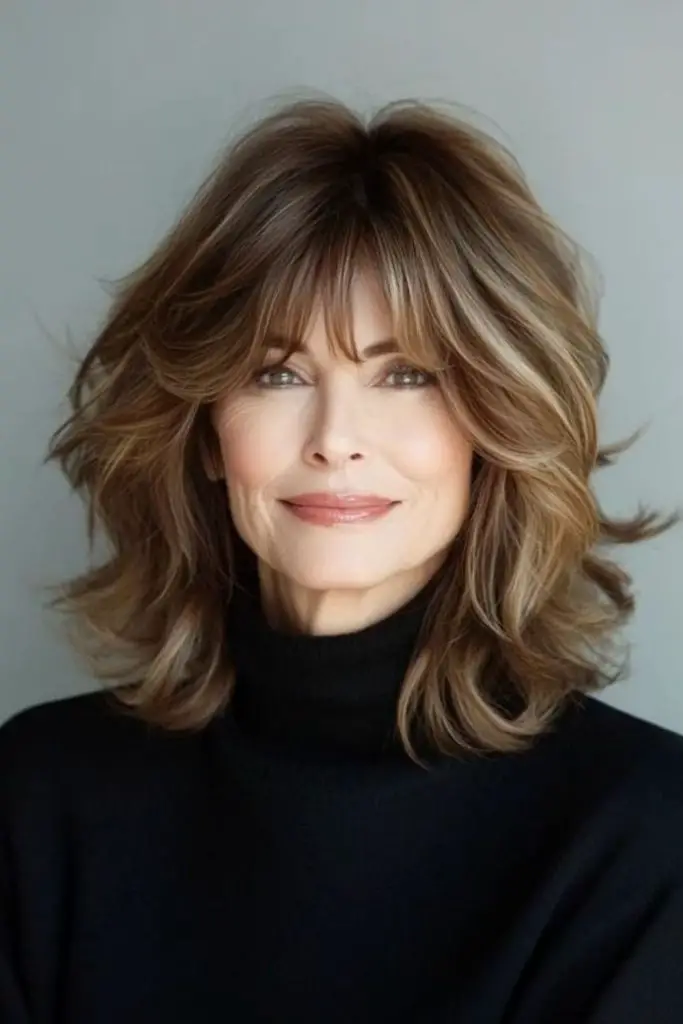 Coffee brown swoop cut with fringe.