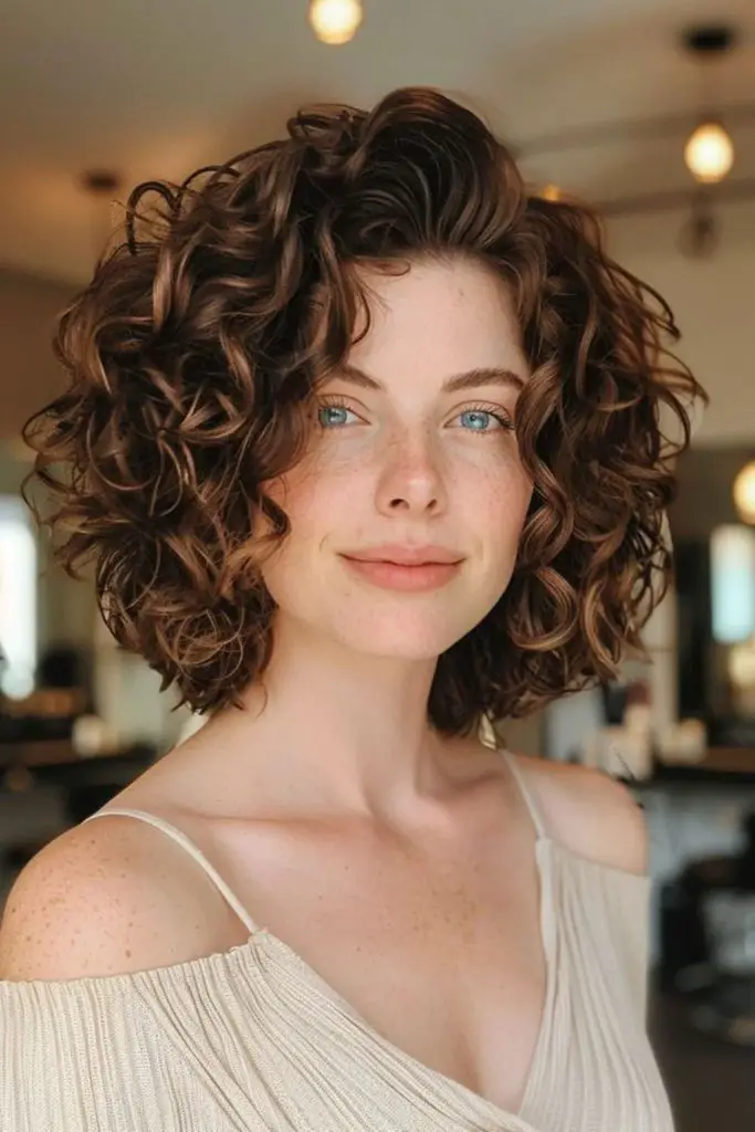 Chin-length curls shaped round and soft