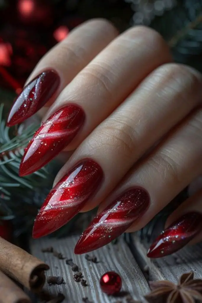 Red nails icy pink winter sparkle