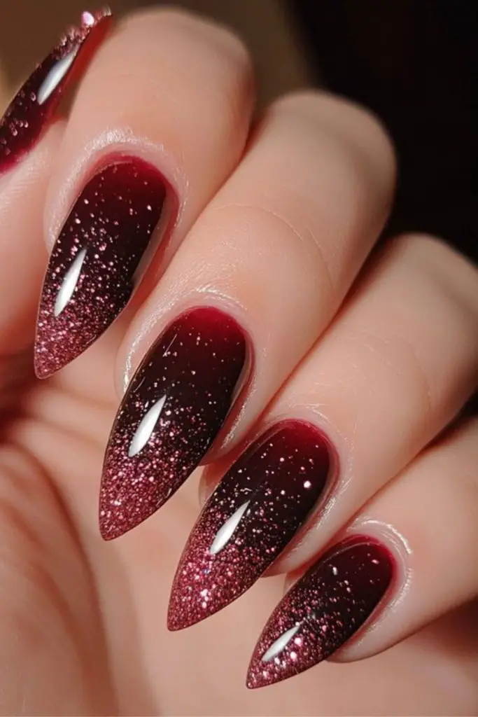 Red gradient nails glitter winter sparkle