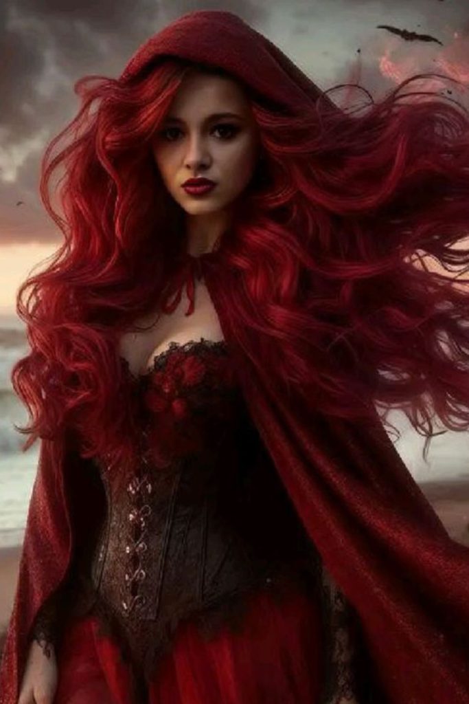 Carnival phantom with crimson flowing mane.