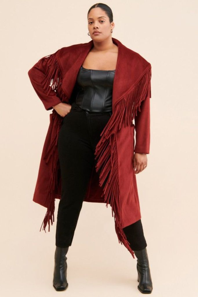 Red fringe coat autumn streetwear ensemble.