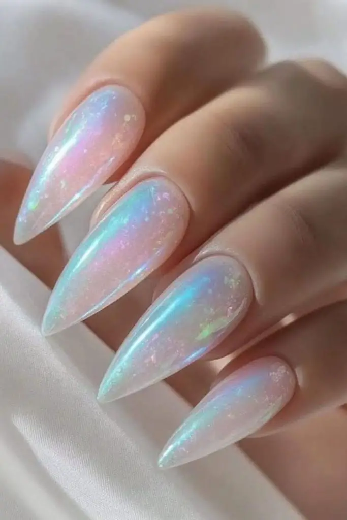 Crystal clear iridescent prism nails.