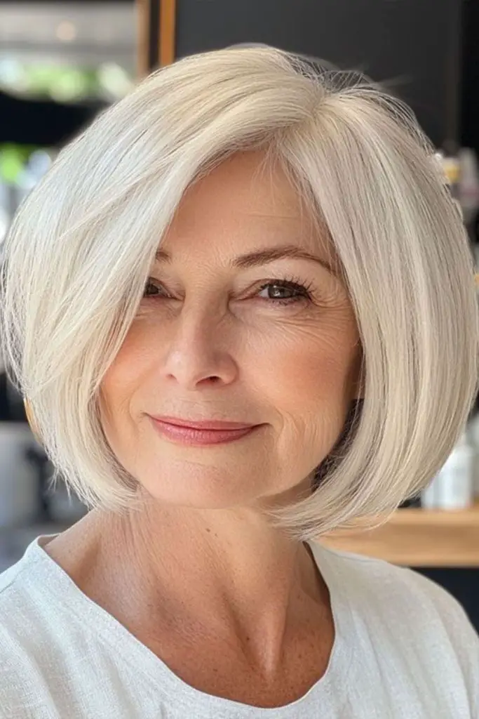 Sharp bob cut with icy shine.