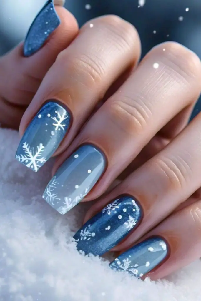 Blue nails white snowflakes crystal shimmer