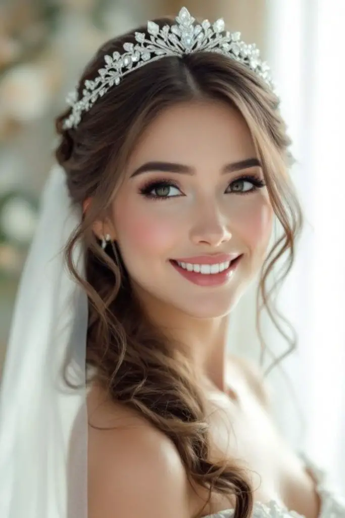 Crystal clip half-updo with veil