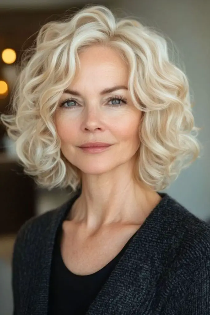 Chin-length curly bob with bounce.