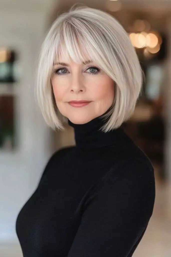 Curved bangs bob framing facial features.