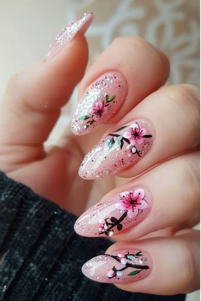 Deep sakura echo tranquil floral nails
