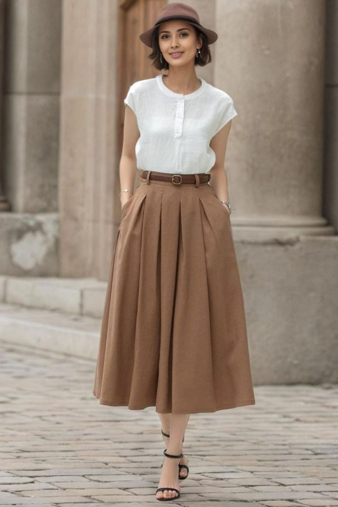 Sandy beige skirt linen blouse ensemble
