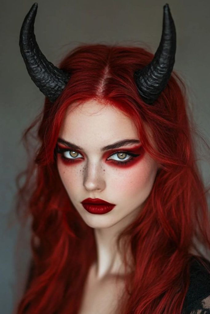 Devil temptress with crimson horned locks.