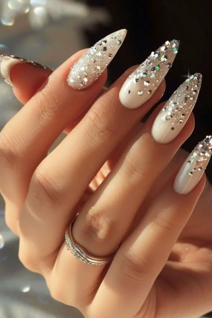 Diamond sparkle wedding nails with gems.