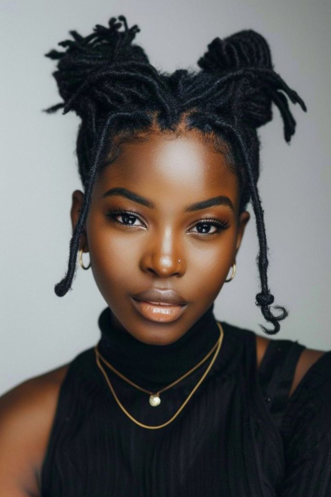 Twin top bun space locs