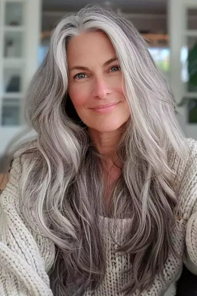 Elegant silver layers framing soft features.