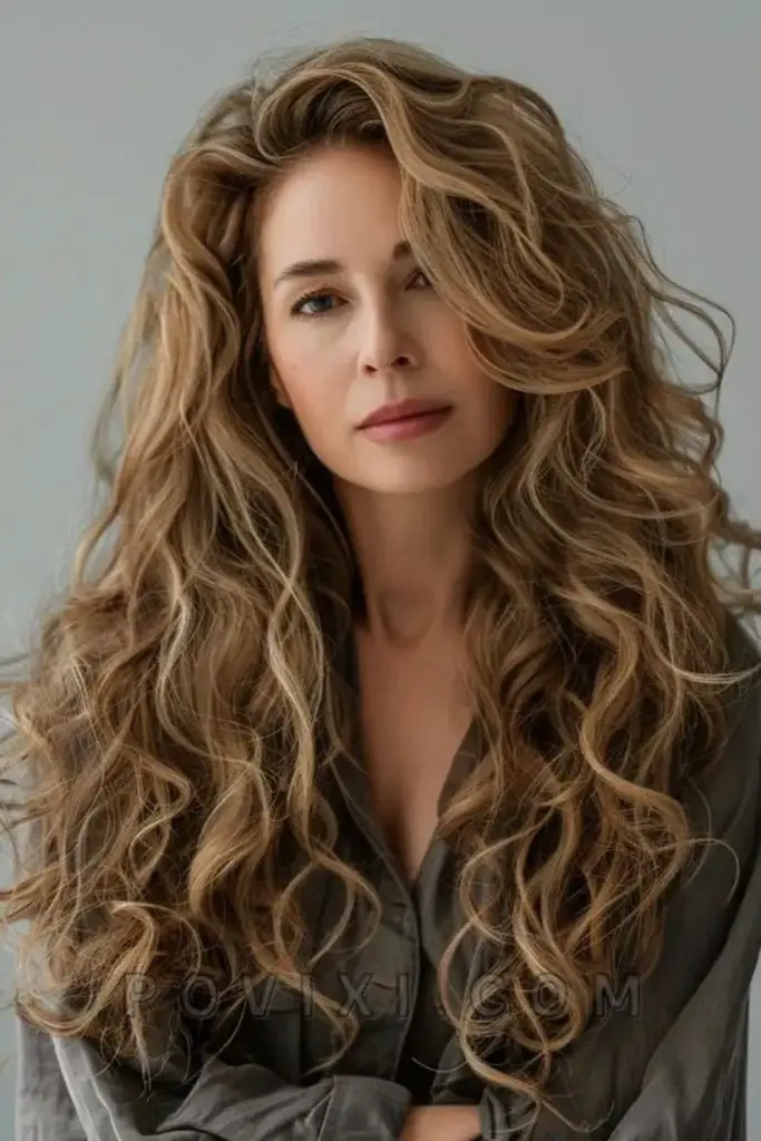 Warm-toned curls draping in soft waves