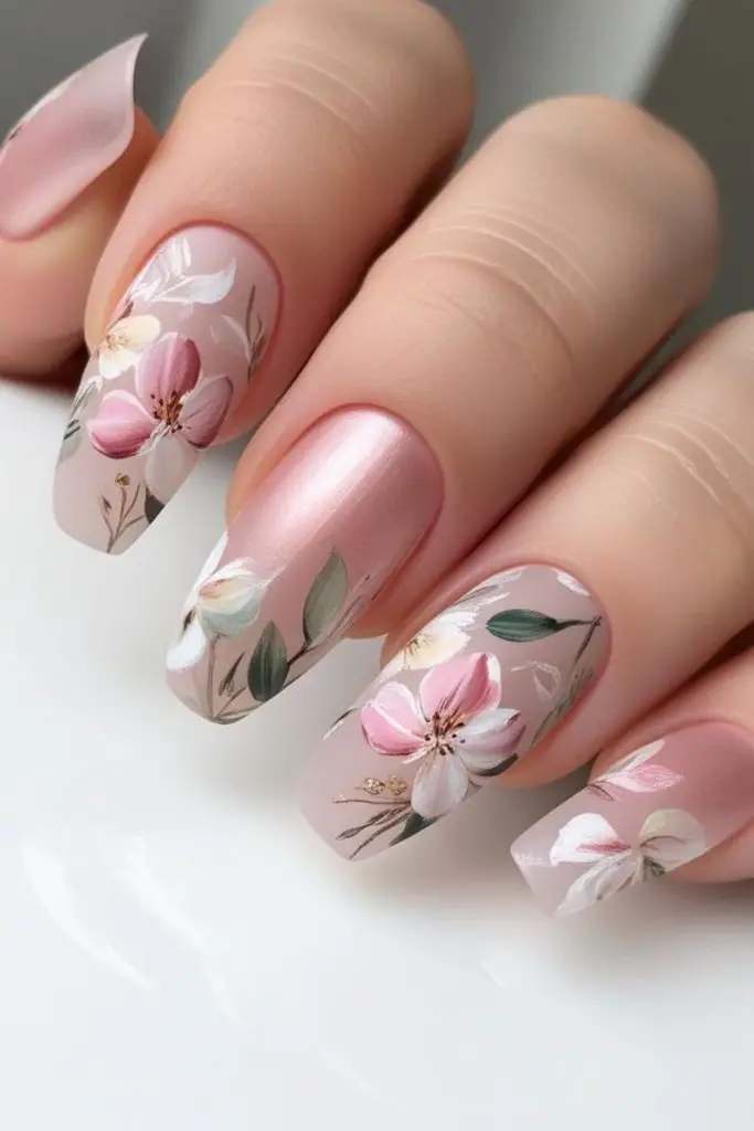 Enchanted garden bloom floral bridal nails.