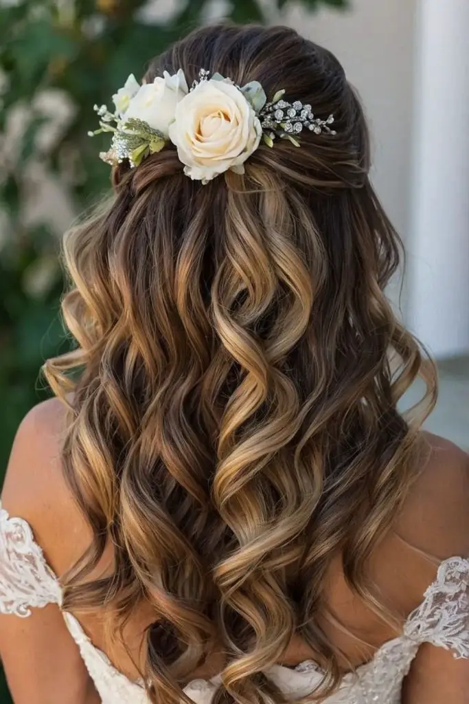 Twisted half-updo with floral accents