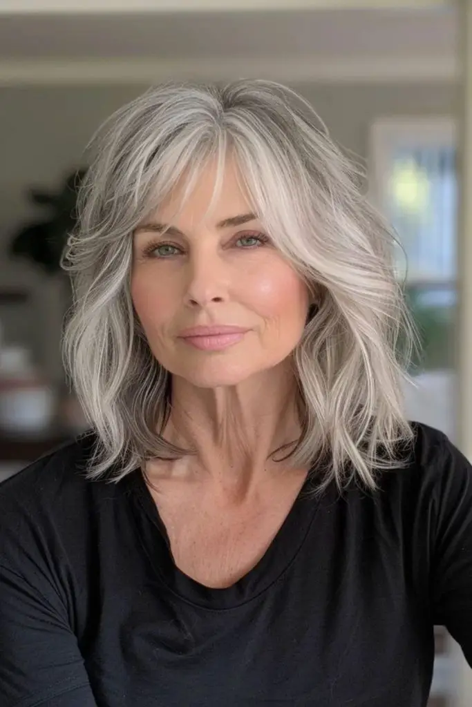 Feathered shag style with crown lift.