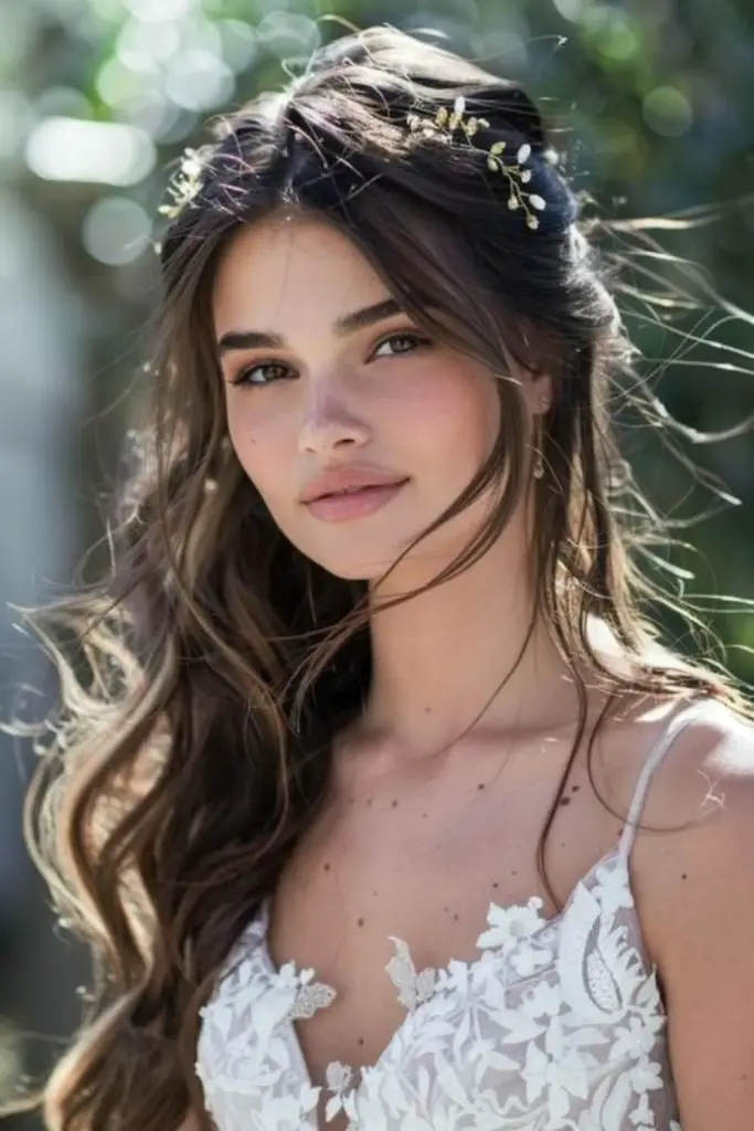 Puffed crown with flowing bridal curls