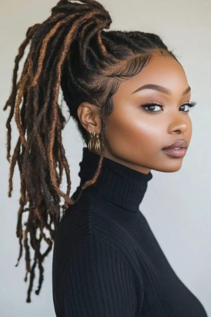 Loose high pony with loc sprout