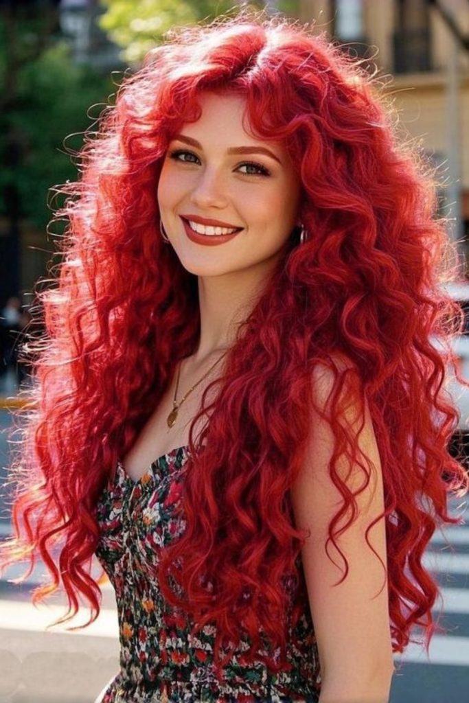 Fiery mermaid with crimson shimmering hair.