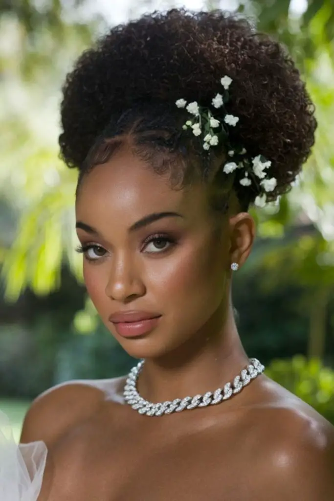Floral accented afro puff style