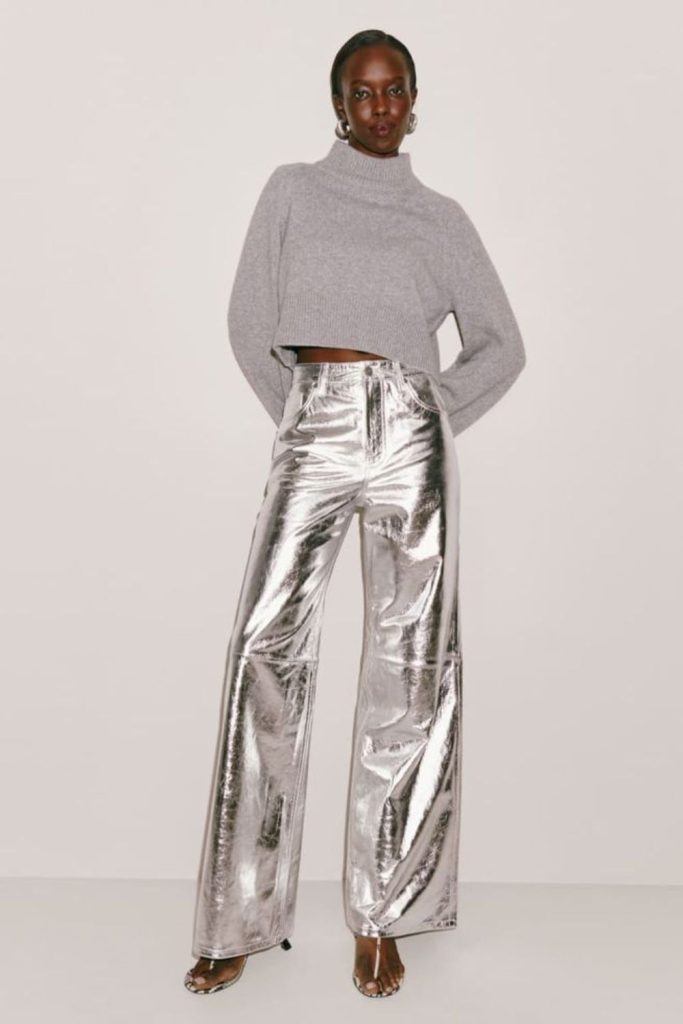 Silver metallic knit angular trousers outfit