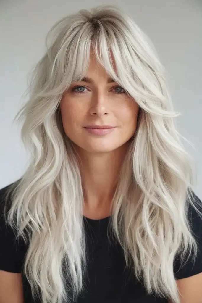 Icy blonde butterfly haircut with flips