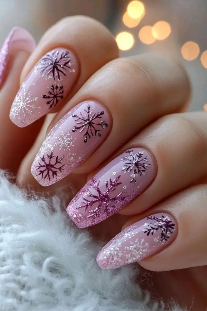 Pale lavender nails white snowflake glitter