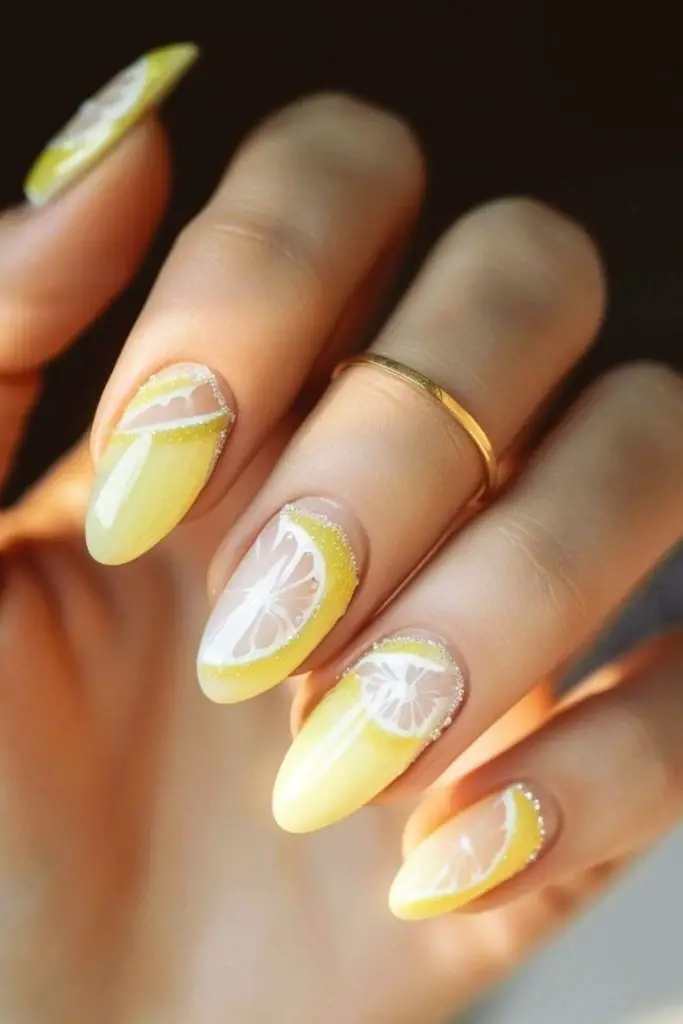 Frosted lemon citrus nail design.