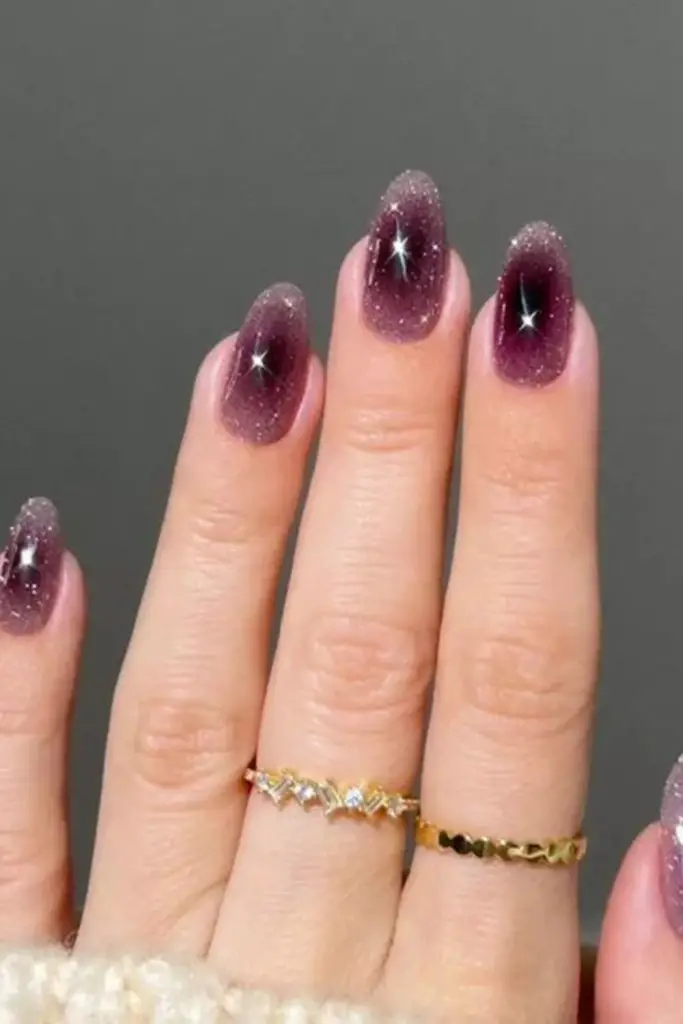 Deep plum nails icy lavender shimmer