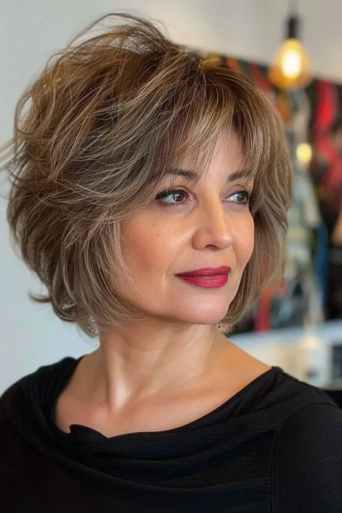 Golden feather bob with light bangs.