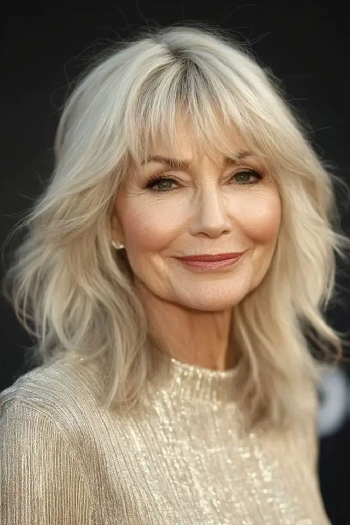 Glazed blonde lob with feathered fringe.