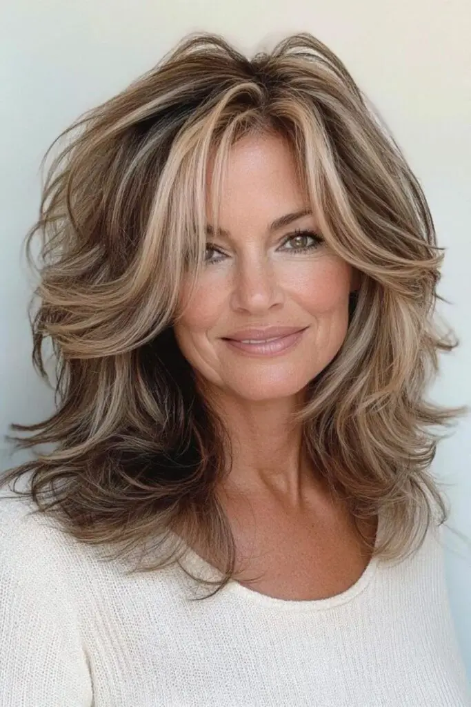 Golden layered style with parted bangs.
