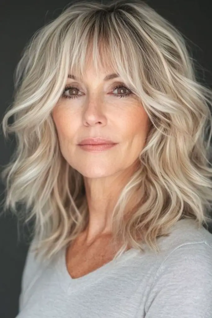 Golden crop hairstyle with fine bangs.