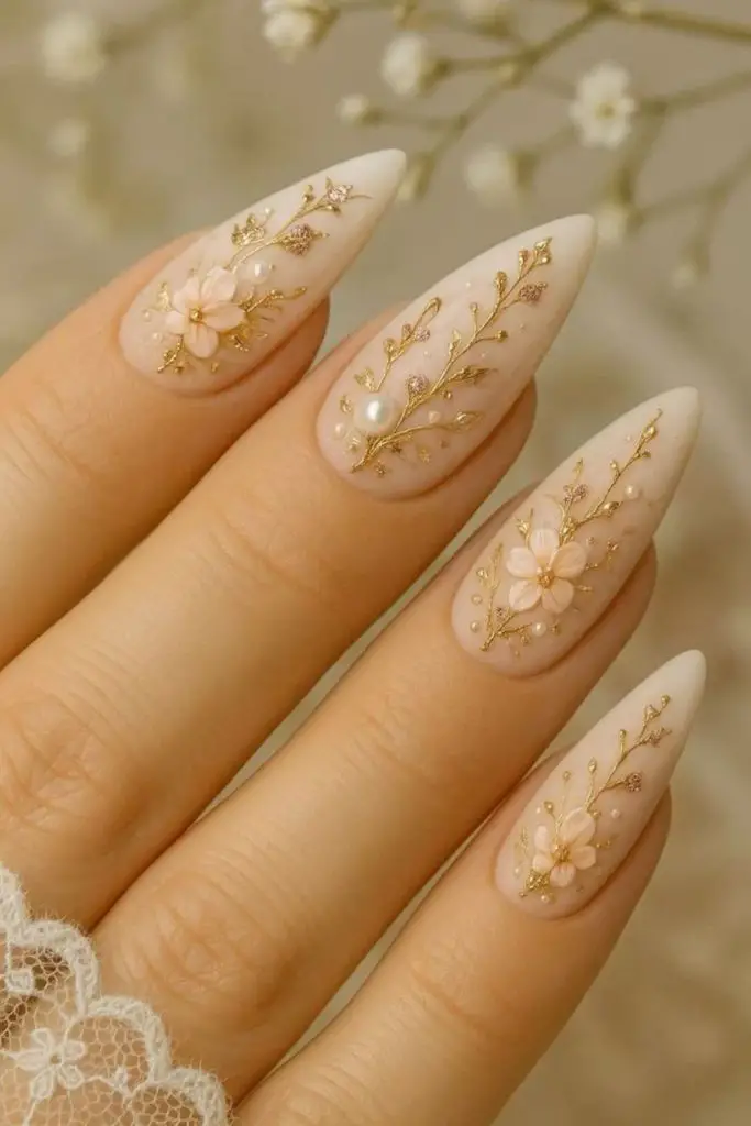 Golden vine metallic bridal nail style.