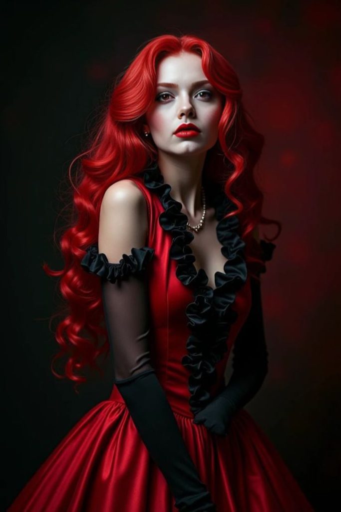 Gothic vampire with scarlet flowing tresses.